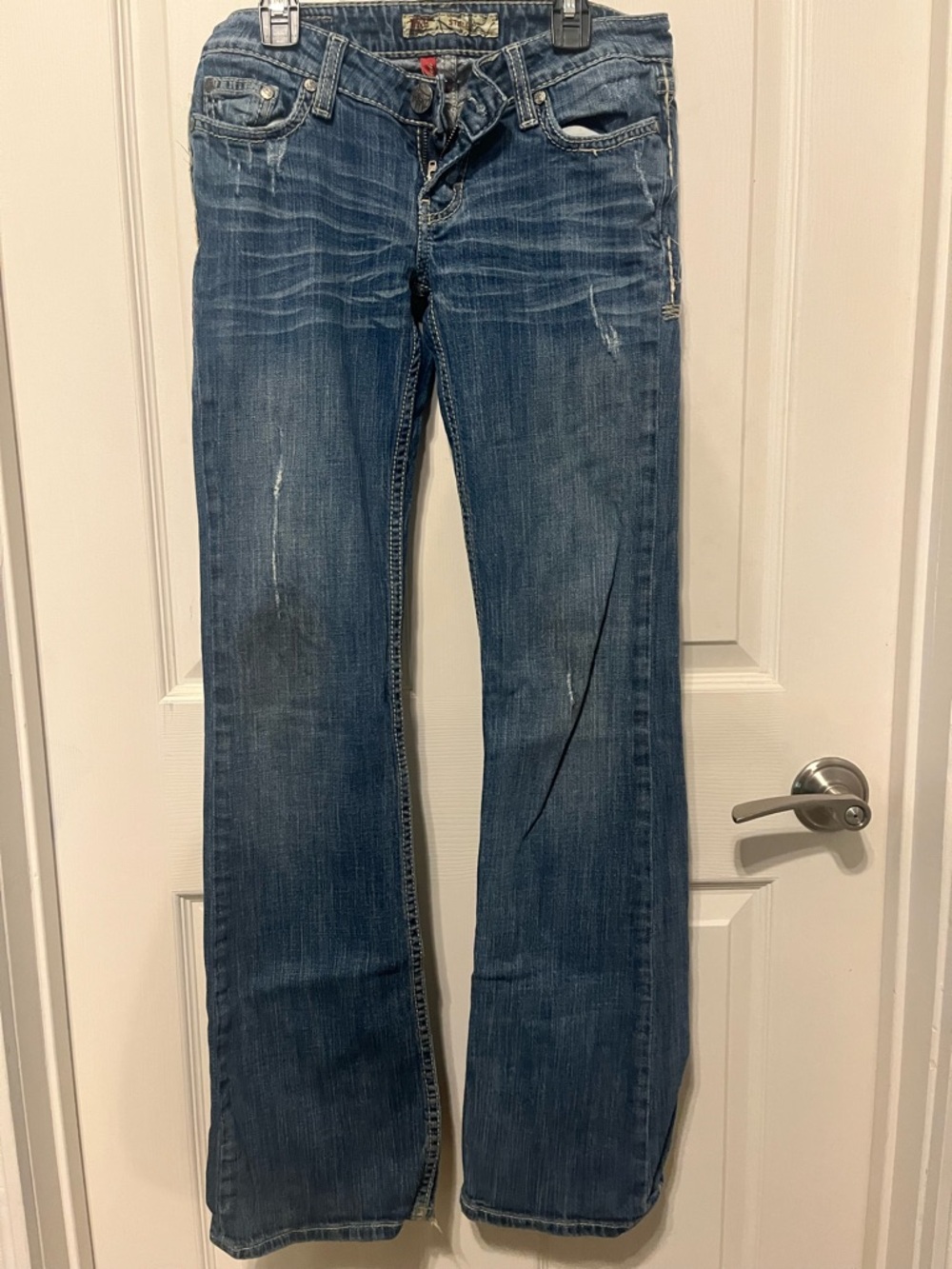 BKE Women's Blue Flared Distressed Jeans